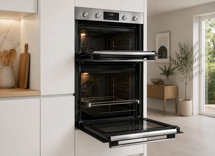 Double oven with two stacked cavities