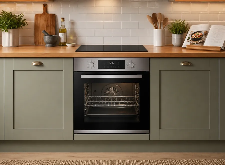 Single oven fitted into kitchen cabinetry