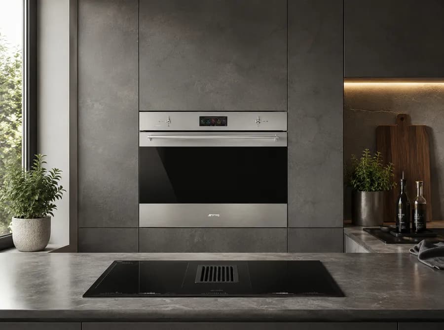 Wide oven fitted into kitchen cabinetry
