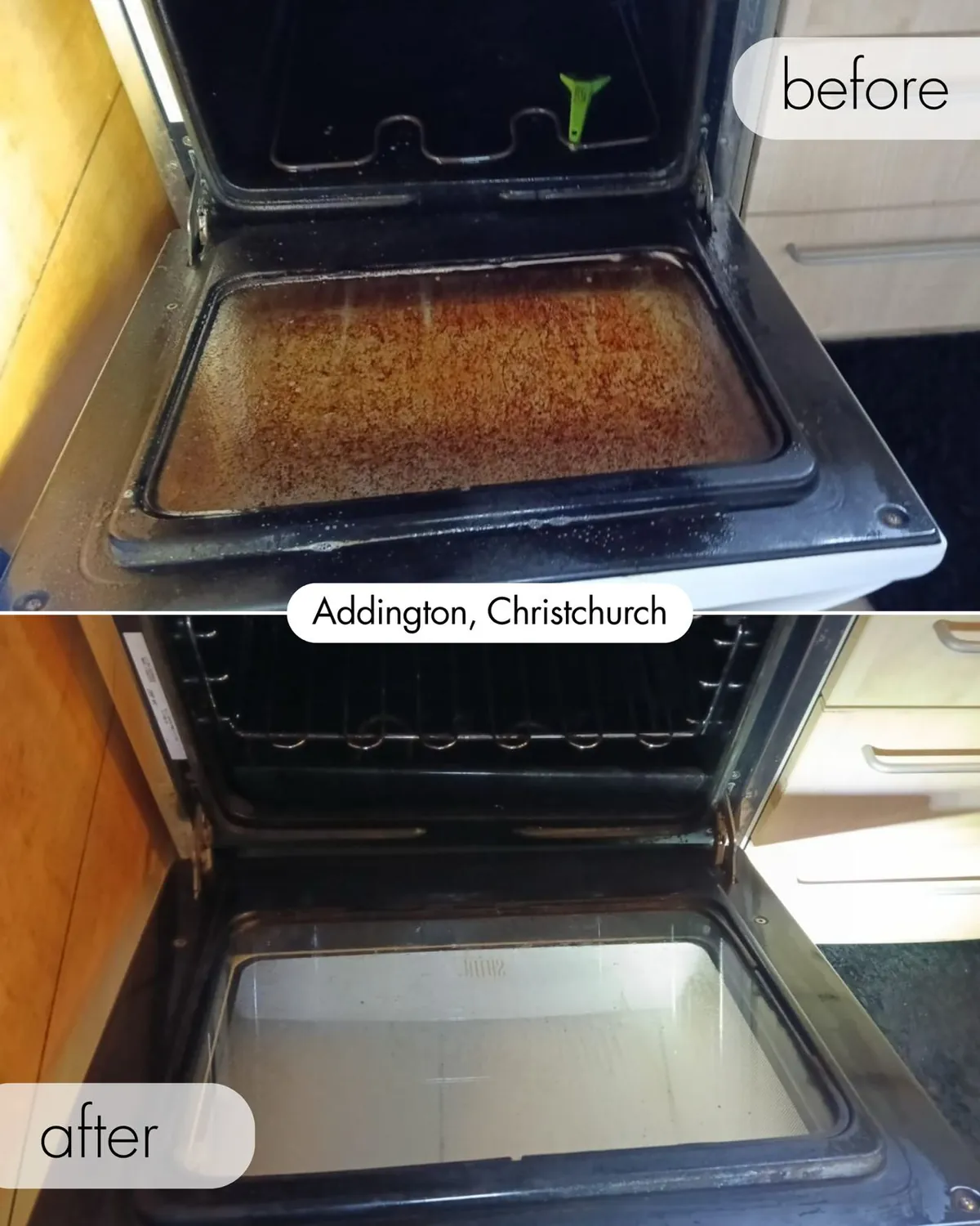 An oven in Addington before and after cleaning